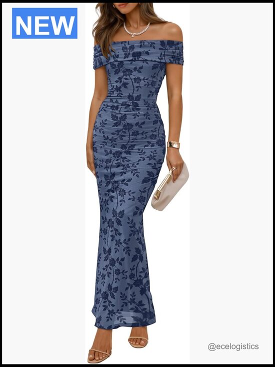 Dresses & Skirts - Off Shoulder Floral Bodycon Maxi Dress Ruched Formal Cocktail Wedding Guest
